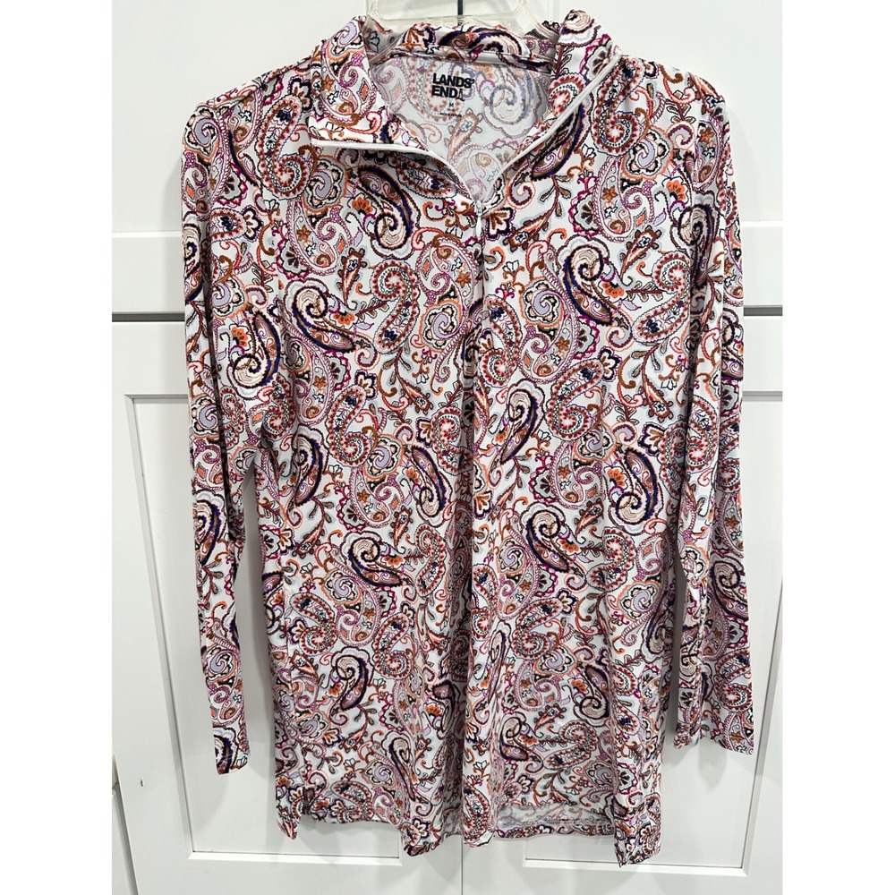 Lands End Womens Paisley Print Swim Quarter Zip Long Sleeve Shirt Top M